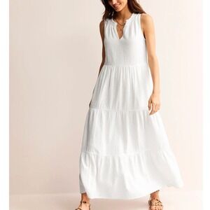 Boden White Cotton Maxi Dress Size 10 Sleeveless Tiered Double Cloth Summer Boho